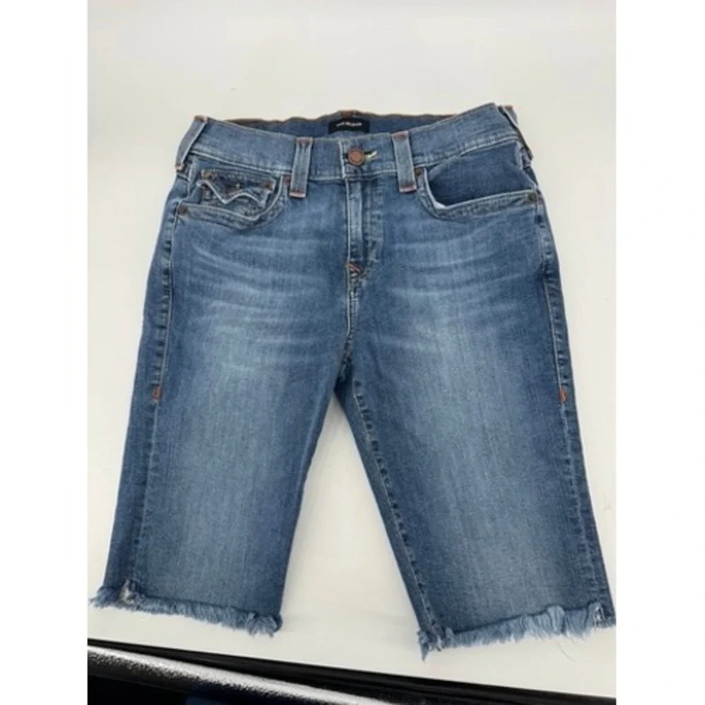 True Religion Denim Shorts Mens 32 Blue Frayed Hem‎ Horseshoe Flap Pocket Y2K